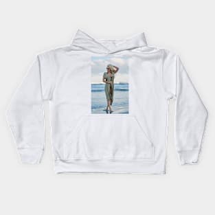 Beautiful woman on the sea shore Kids Hoodie